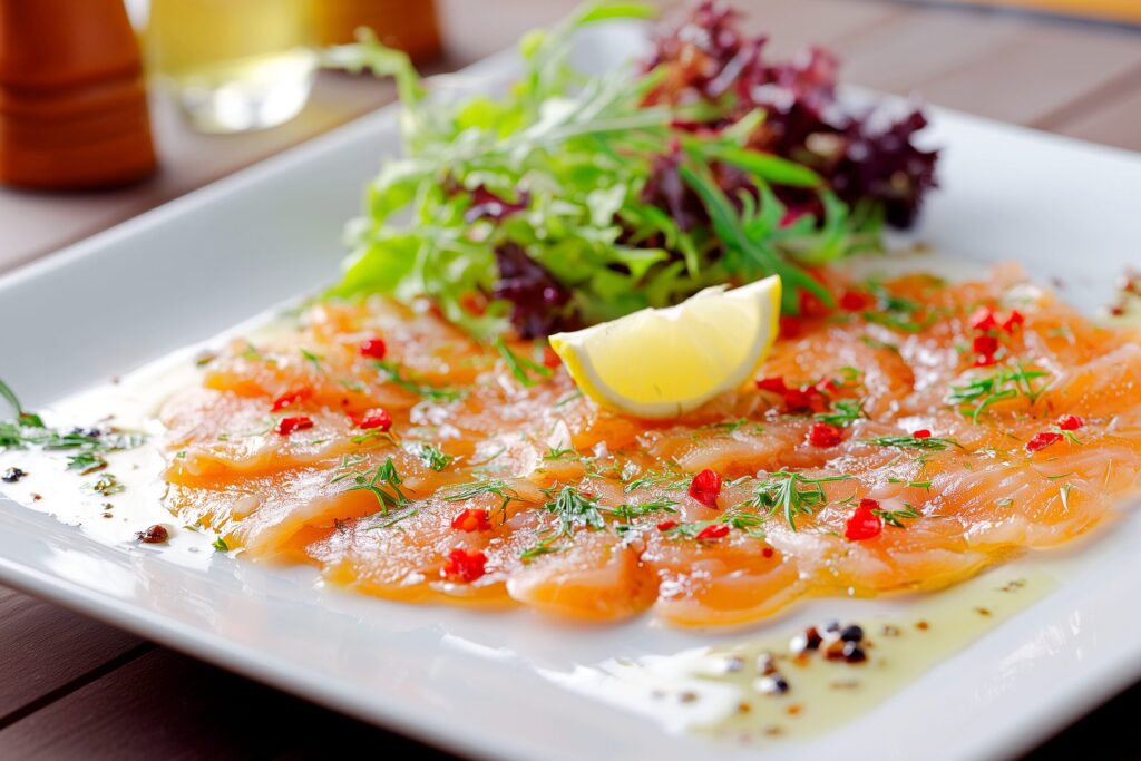 カフェでサーモンのカルパッチョを注文・食べ物フリー素材０