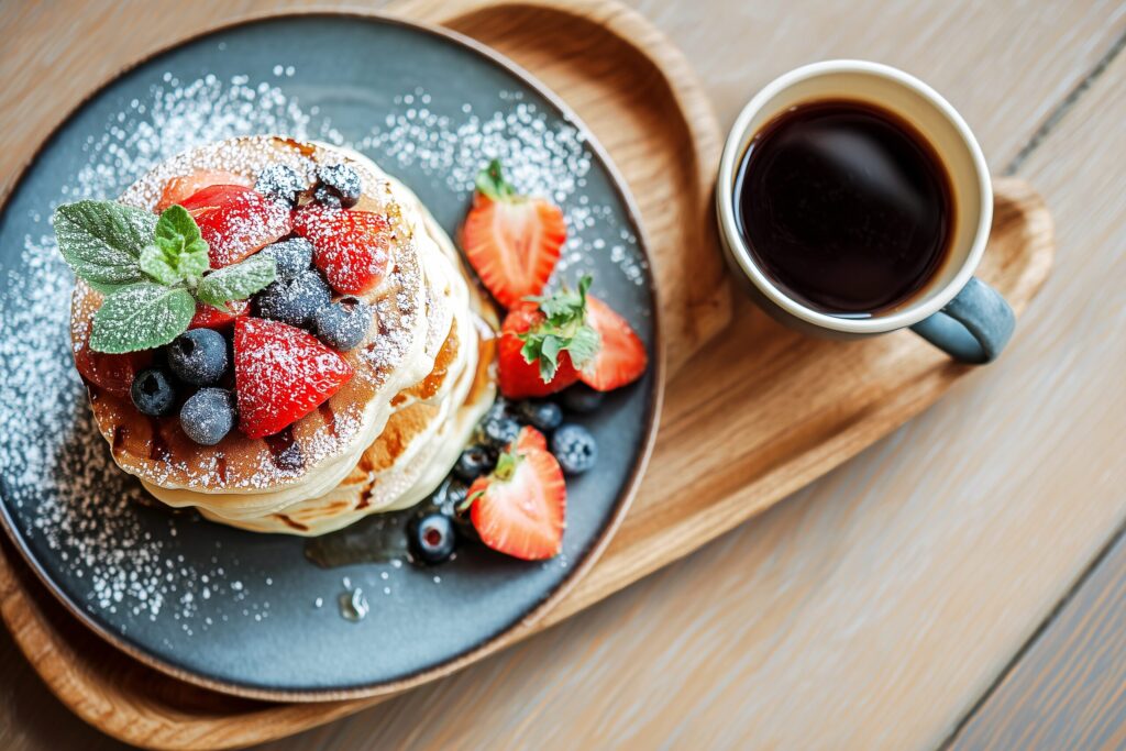 カフェで注文したオシャレなパンケーキ・スイーツのフリー素材０