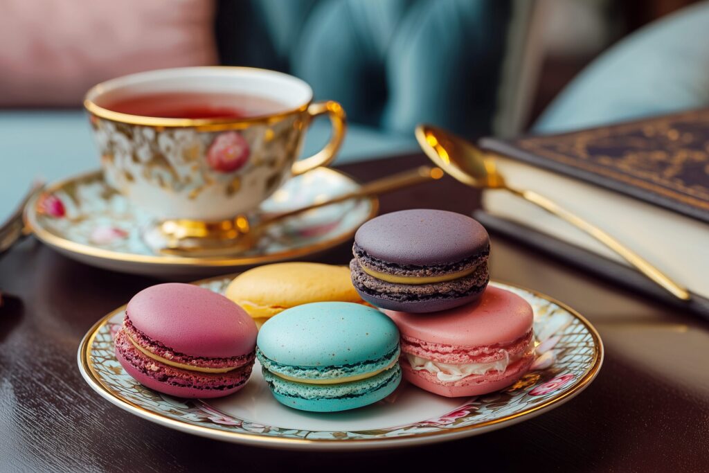 【カフェスイーツ】おしゃれなマカロンと紅茶・フリー素材０