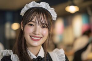 【人物】メイドカフェで働く笑顔の女性店員・フリー素材０
