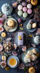 【スマホ壁紙】テーブルに並んだカフェのオシャレな秋スイーツ・フリー素材０１