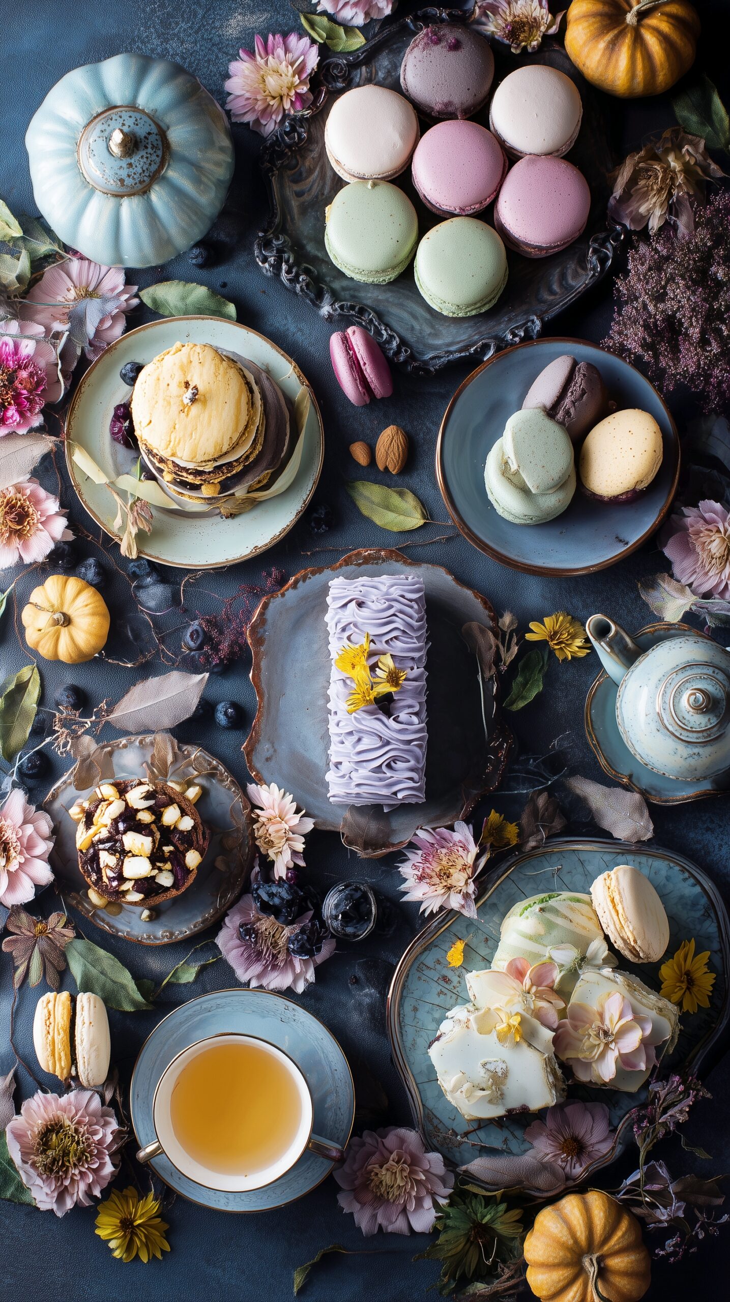 【スマホ壁紙】テーブルに並んだカフェのオシャレな秋スイーツ・フリー素材０１