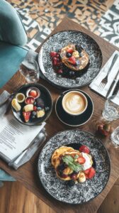 【スマホ壁紙サイズ】オシャレなカフェ空間・パンケーキとスイーツのフリー素材０