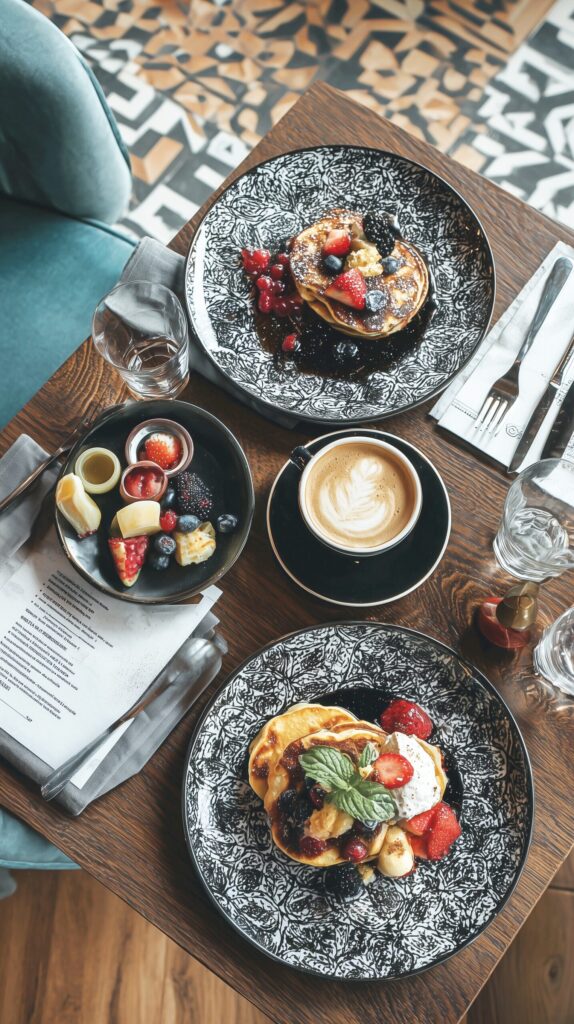 【スマホ壁紙サイズ】オシャレなカフェ空間・パンケーキとスイーツのフリー素材０