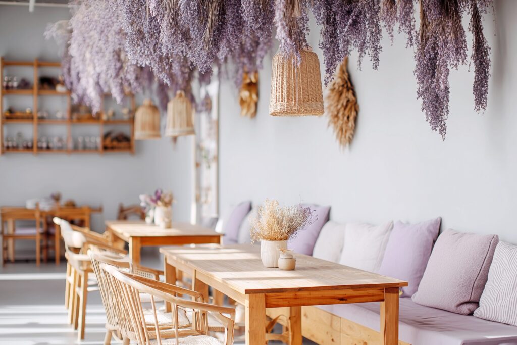 ドライフラワー（ラベンダー）が飾られたオシャレカフェのインテリア・フリー素材０