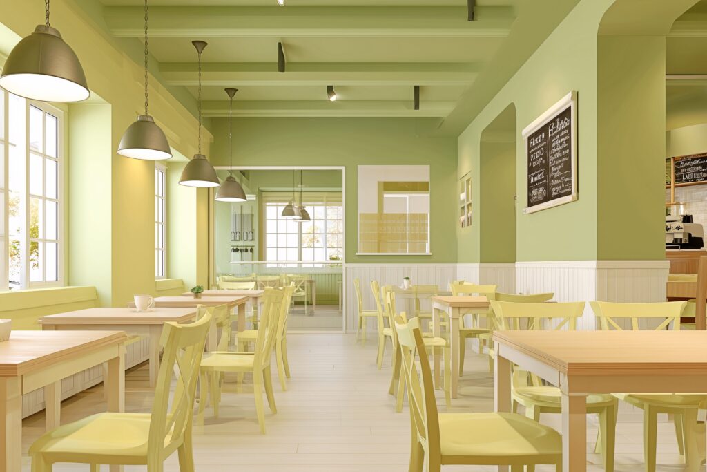 オリーブグリーンに統一されたカフェ店内・インテリアのフリー素材０