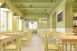 オリーブグリーンに統一されたカフェ店内・インテリアのフリー素材０