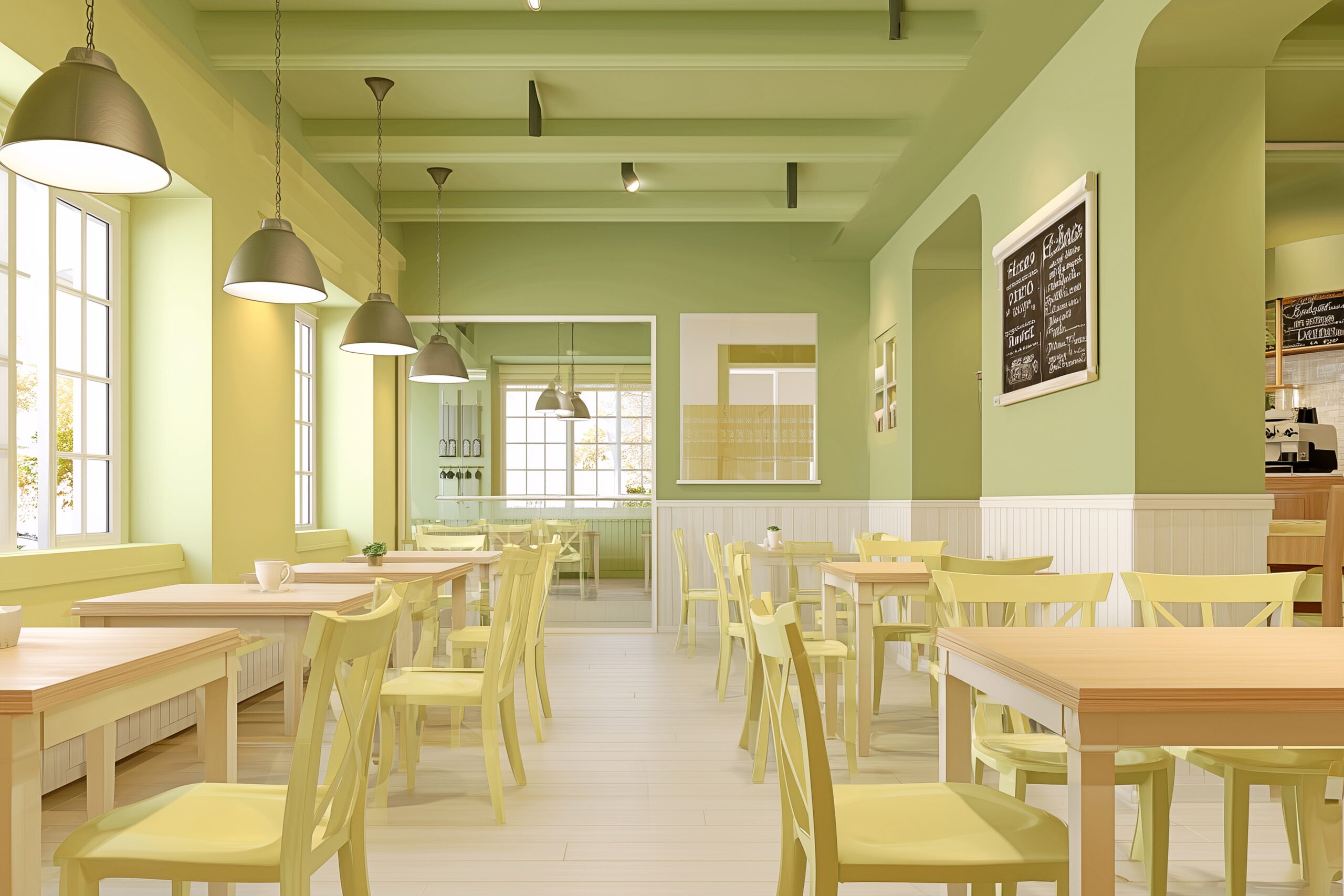 オリーブグリーンに統一されたカフェ店内・インテリアのフリー素材０