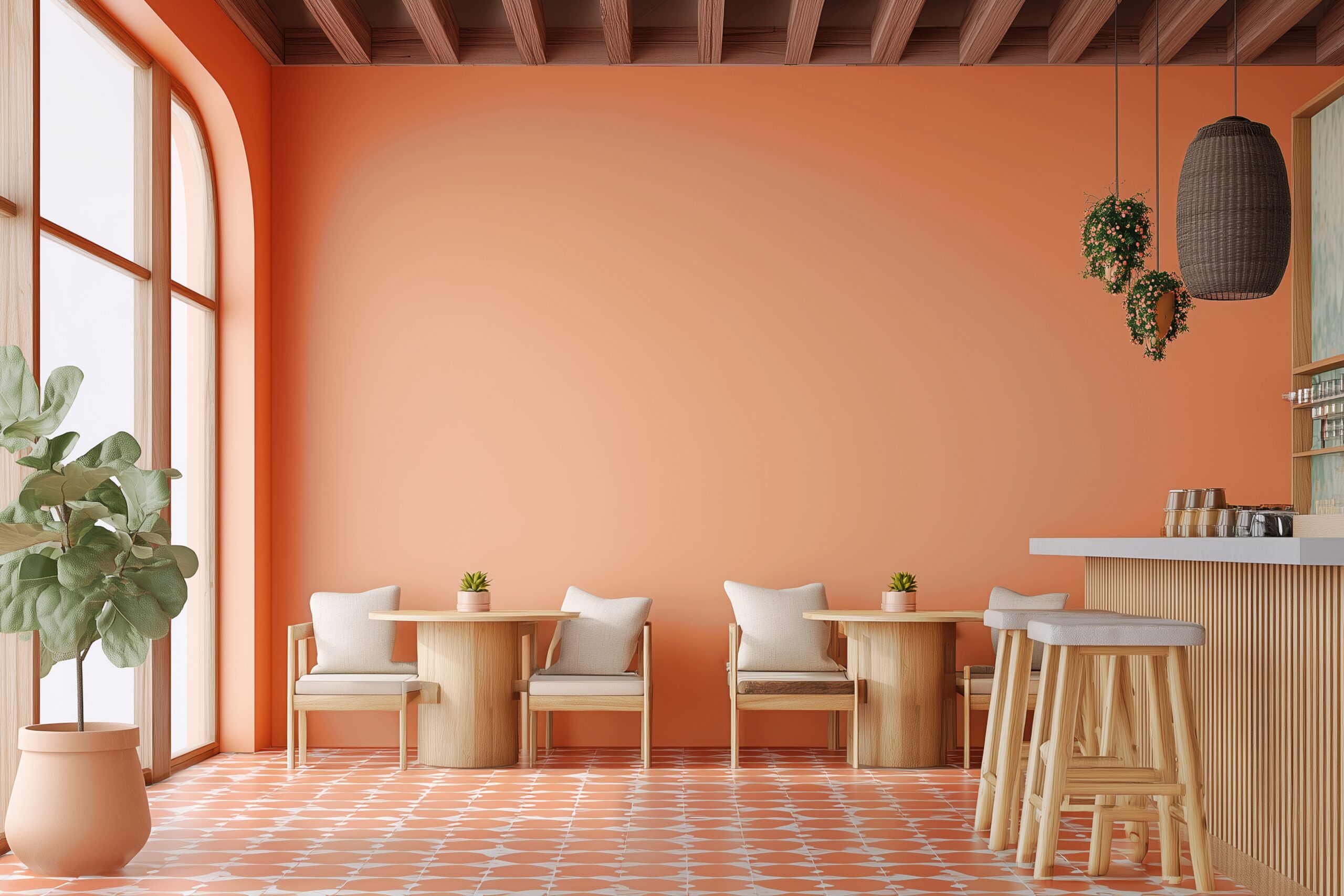 テラコッタオレンジ色に統一されたオシャレなカフェ店内・インテリアのフリー素材０