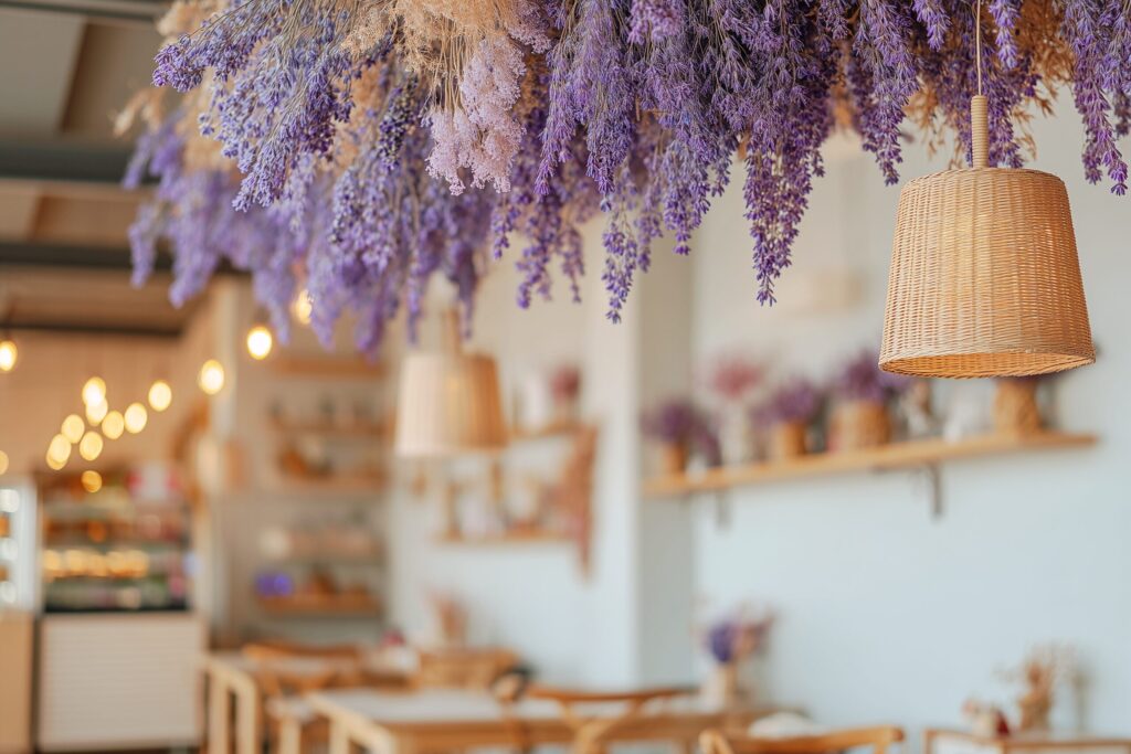 ドライフラワー（ラベンダー）が飾られたオシャレカフェのインテリア・フリー素材０