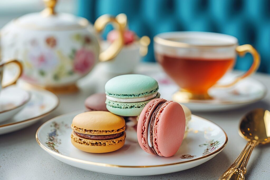 【カフェスイーツ】おしゃれなマカロンと紅茶・フリー素材０