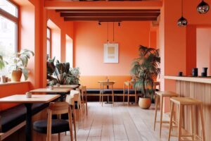 テラコッタオレンジ色に統一されたオシャレなカフェ店内・インテリアのフリー素材０