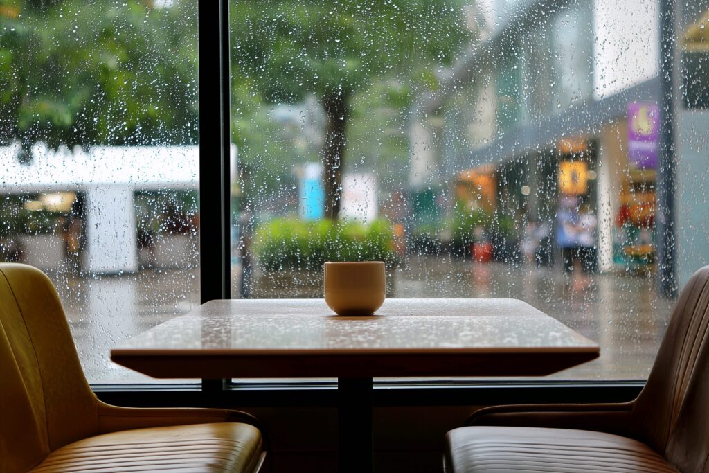 おしゃれなカフェの窓際の席・雨の日のフリー素材０