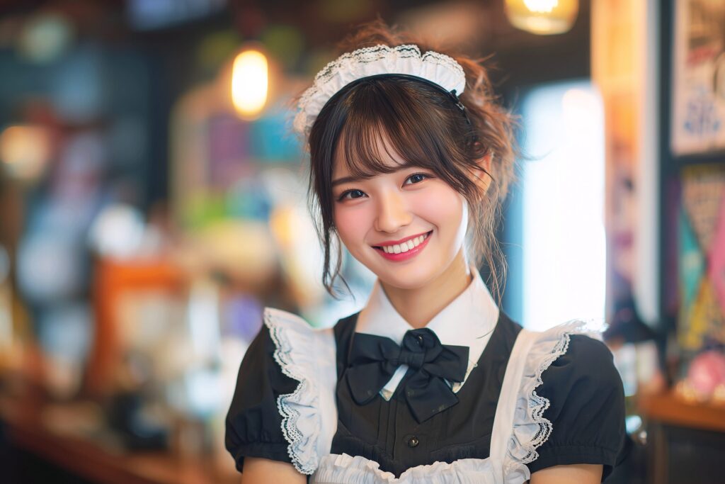【人物】メイドカフェで働く笑顔の女性店員・フリー素材０１