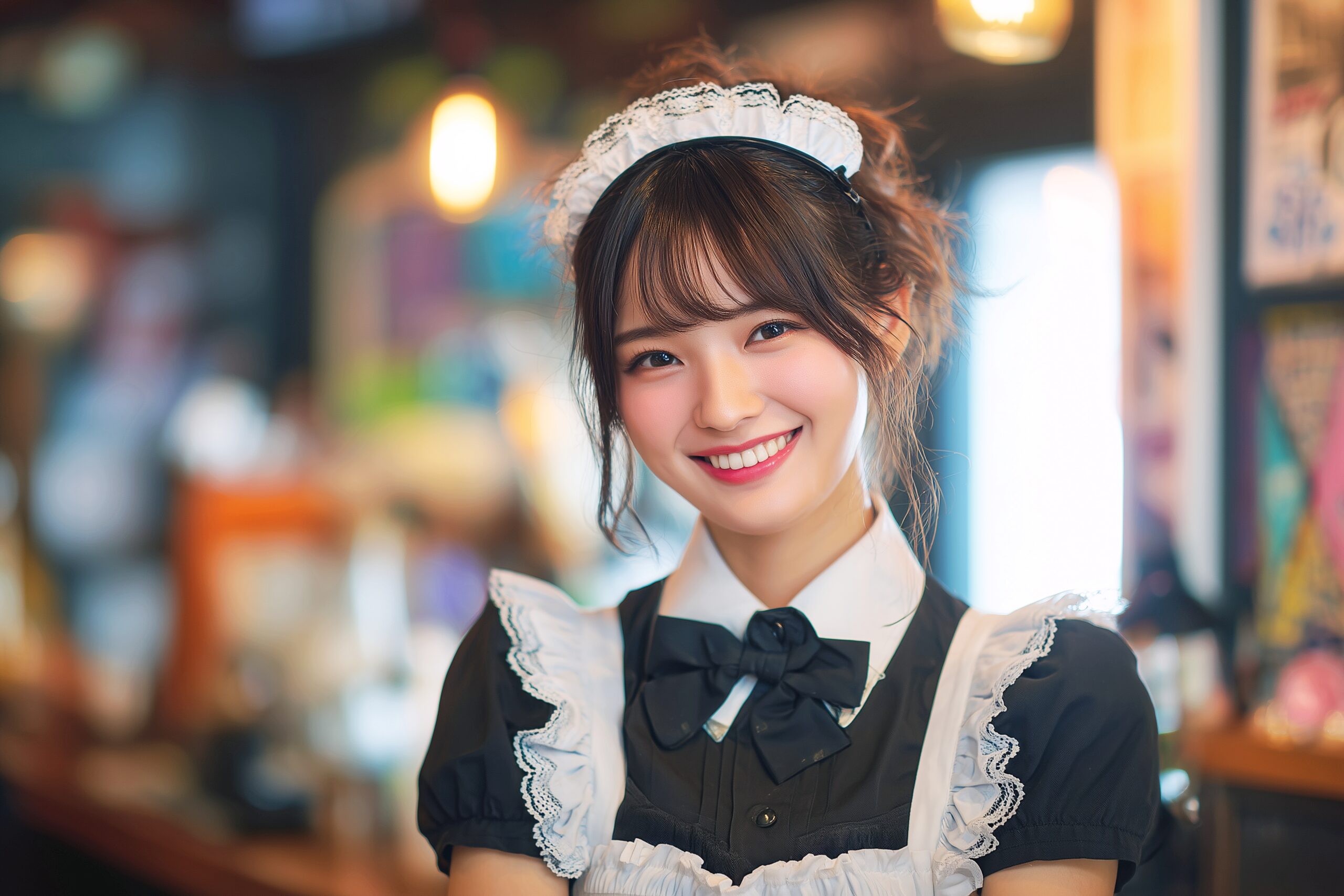 【人物】メイドカフェで働く笑顔の女性店員・フリー素材０１