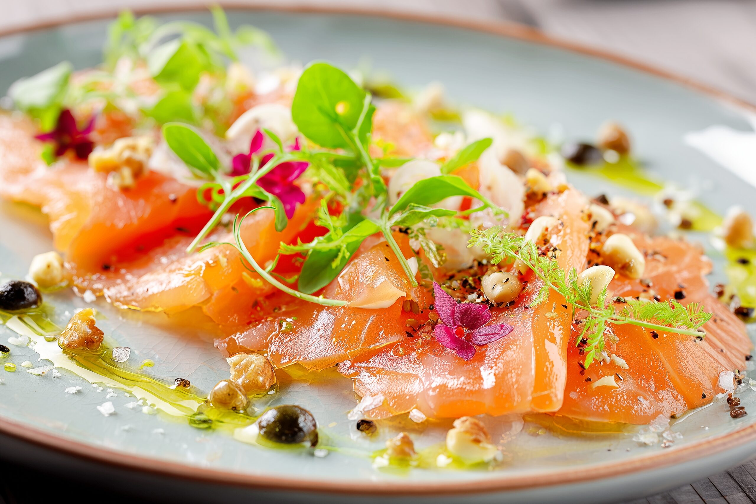 カフェでサーモンのカルパッチョを注文・食べ物フリー素材０