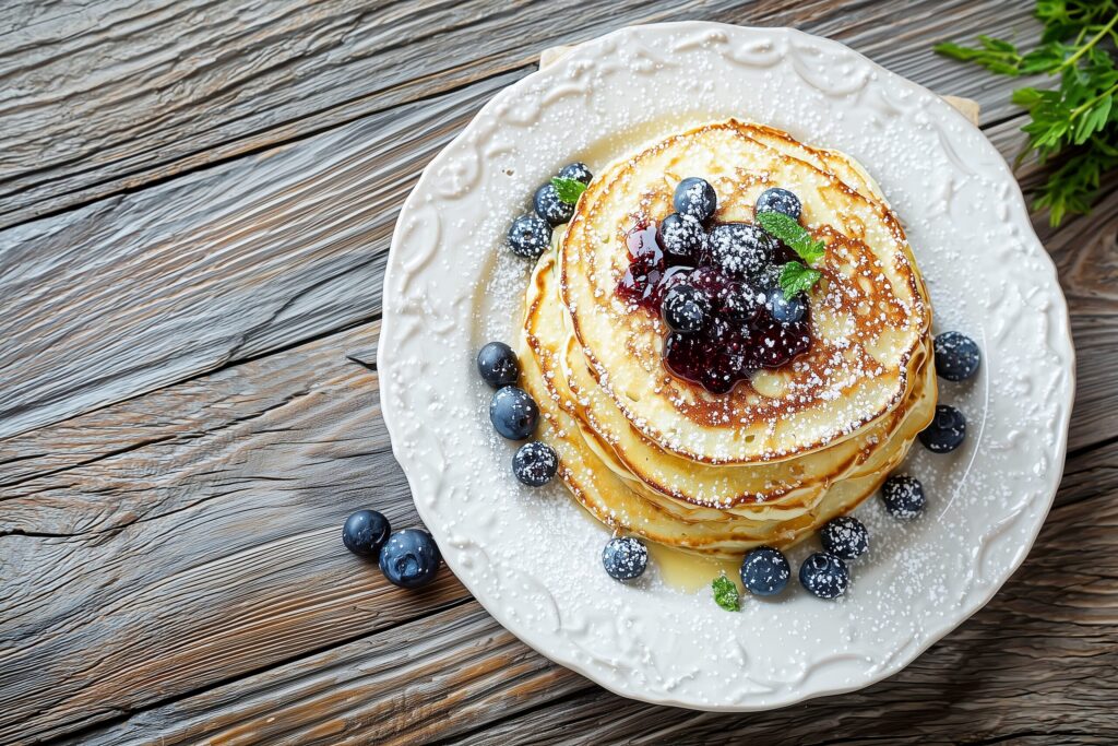 カフェで注文したオシャレなパンケーキ・スイーツのフリー素材０
