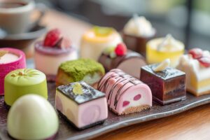 【フリー素材】カフェテーブルに並ぶ可愛いミニスイーツ画像０