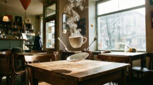 【無料】カフェテーブルの上で宙に浮いたコーヒーカップ・フリー素材０