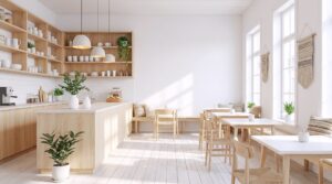 【フリー素材】白基調×木目の明るいカフェ内装・インテリア画像０