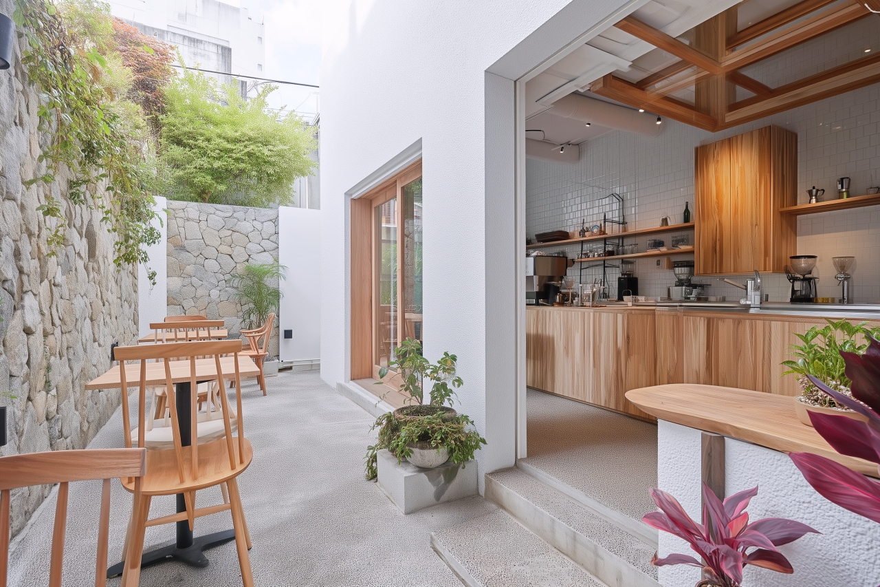 カフェ背景のフリー素材・オシャレなオープンテラスの外観画像