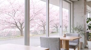 【無料】美しい桜が見えるカフェのインテリア・背景フリー素材０