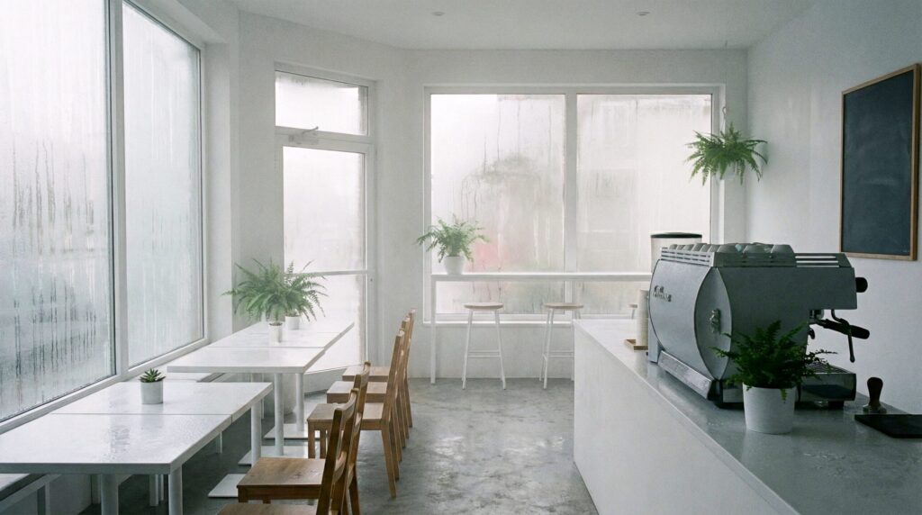 【フリー素材】雨の日の白いカフェ内装・曇り窓のあるシンプル空間画像０