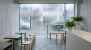 【フリー素材】雨の日の白いカフェ内装・曇り窓のあるシンプル空間画像０