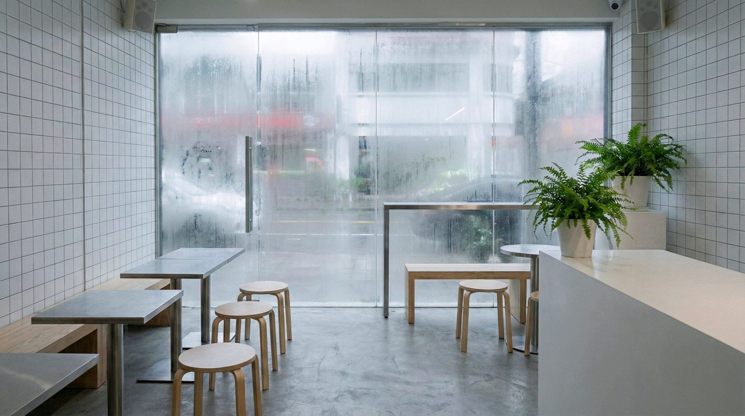 【フリー素材】雨の日の白いカフェ内装・曇り窓のあるシンプル空間画像０