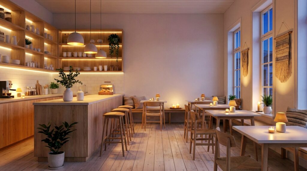 【フリー素材】白基調×木目の明るいカフェ内装・夜のインテリア画像０２