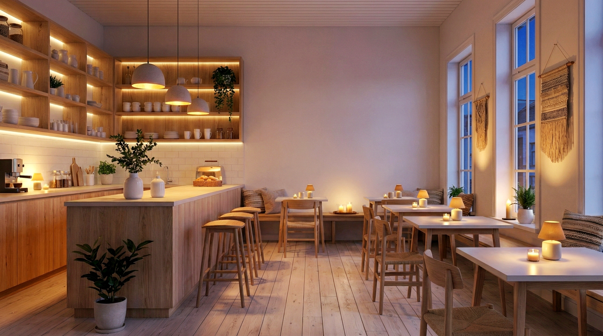 【フリー素材】白基調×木目の明るいカフェ内装・夜のインテリア画像０２