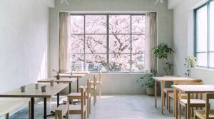 【無料】美しい桜が見えるカフェのインテリア・背景フリー素材０