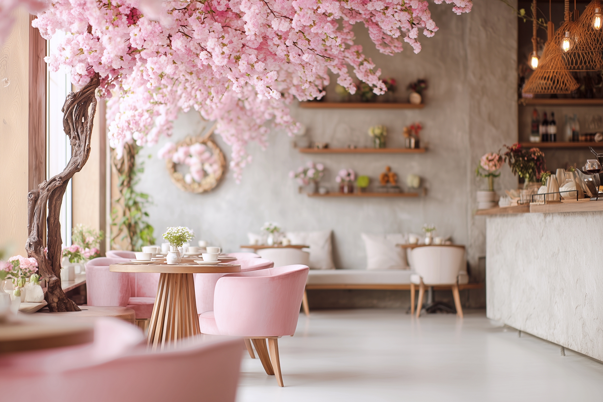 【フリー素材】桜の木があるおしゃれなカフェインテリア０