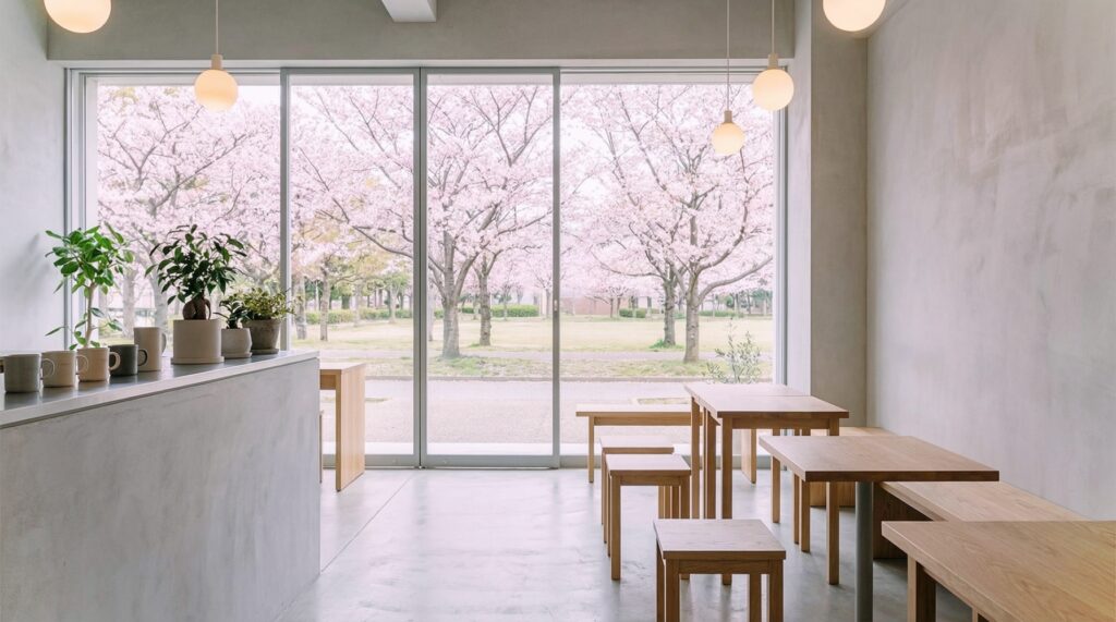 美しい桜が見えるカフェ店内・インテリアのフリー素材０１