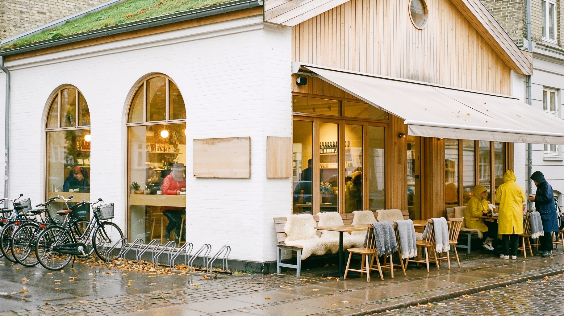 おしゃれな北欧カフェの外観フリー素材｜かわいい店舗デザイン画像